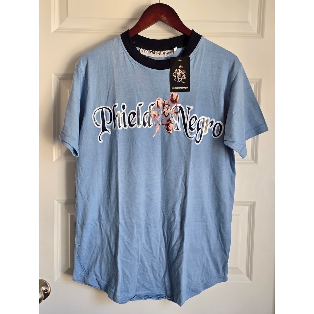 Phield Negro Mens Graphic T-Shirt Light Blue Navy Crew Neck Size L NWT 74 Logo